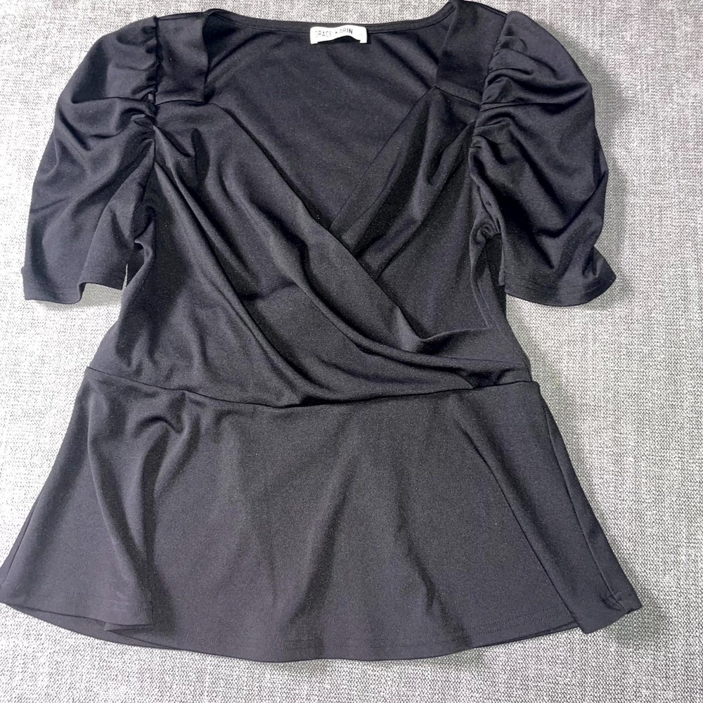 Grace Karin Blouse Top Womens Large Black Wrap Front Puff Sleeve Streetwear